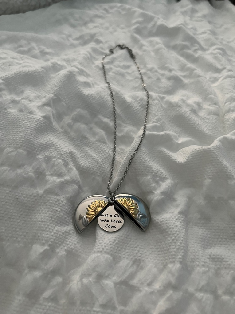 Silver and Gold Sunflower Locket Necklace - 'Just a Girl Who Loves Cows'